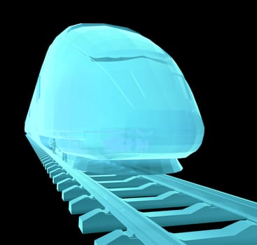 Glow blue high-speed train on black background. 3d illustration