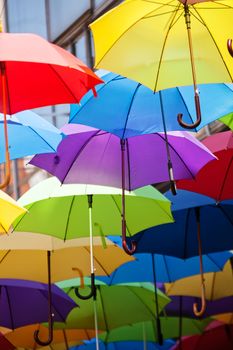 street decoration with colorful open umbrellas at old part of Belgrade, Serbia