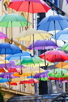 street decoration with colorful open umbrellas at old part of Belgrade, Serbia