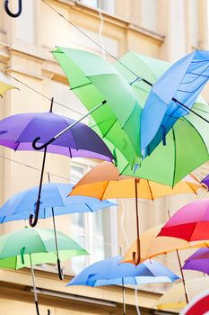 street decoration with colorful open umbrellas at old part of Belgrade, Serbia