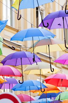 street decoration with colorful open umbrellas at old part of Belgrade, Serbia