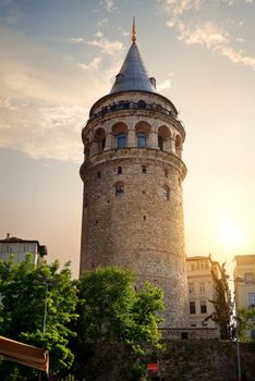 Famous Galata Tower at sunset in Istanbul, Turkey