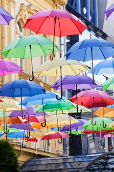 street decoration with colorful open umbrellas at old part of Belgrade, Serbia