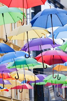 street decoration with colorful open umbrellas at old part of Belgrade, Serbia