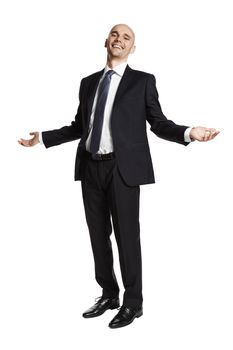 Full lenght portrait of laughing young businessman isolated on white background.