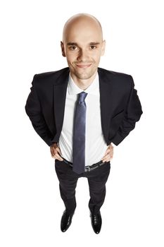 Above view of cheerful man isolated on white background.