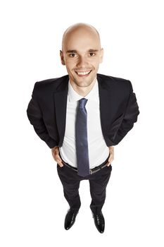 Overhead view of a young smiling man. Portrait isolated on white background.
