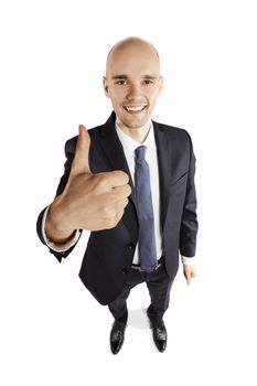 Above view of a satisfied man. Portrait isolated on white background.