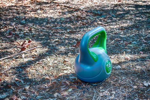 Closeup of a grey and green kettlebell in a garden