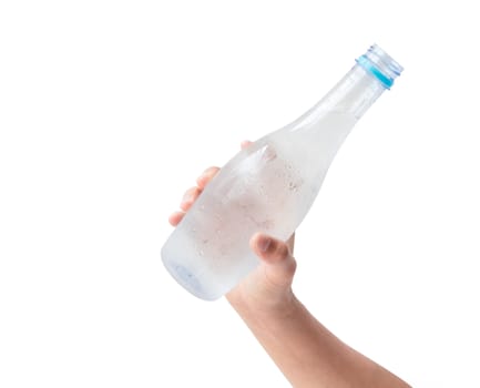 woman hand holding a bottle of water with white background