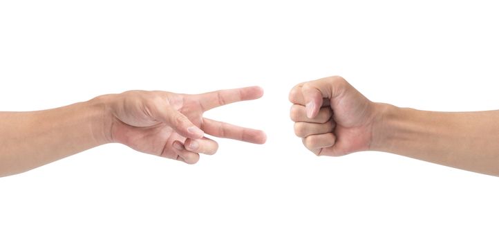 Man hand playing rock paper scissors isolate on white background