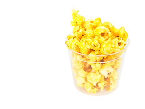 Popcorn in plastic bucket on white background