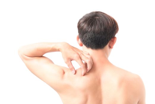 Man Itching on shoulder with white background for healthy concept