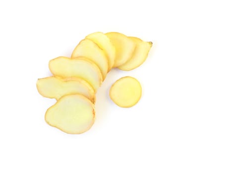 Fresh ginger sliced on white background,raw material for cooking