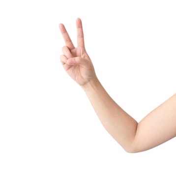 Young woman hand show V sign with white background