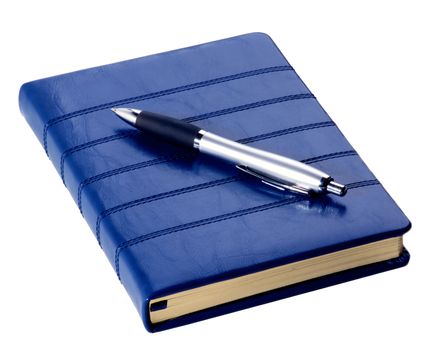 Contemporary Dark Blue Leather Diary and Elegant Silver Pen isolated on White background