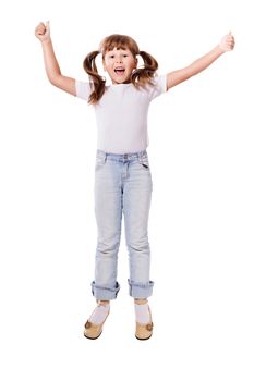 Happy excited Jumping girl isolated on white