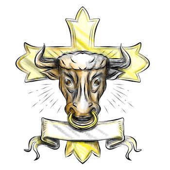 Illustration of a bull ox bullock head with ring in nose, scroll and Christian cross in background done in tattoo style.
