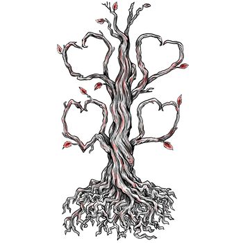 Tattoo style illustration of a Twisted Oak Tree without leaves and Branch forming into Heart and roots done in hand sketch drawing Tattoo.
