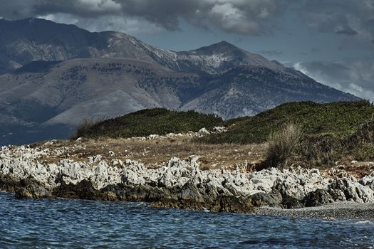 View to mountains in Albania from Corfu island, Greece