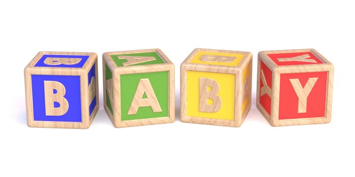 Word BABY made of wooden blocks toy horizontal 3D render illustration isolated on white background