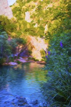 Mountain lake view through trees at polilimnio, Messinia, Greece - Digital painting