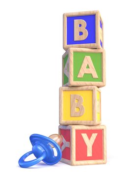 Word BABY made of wooden blocks toy and baby pacifier 3D render illustration isolated on white background