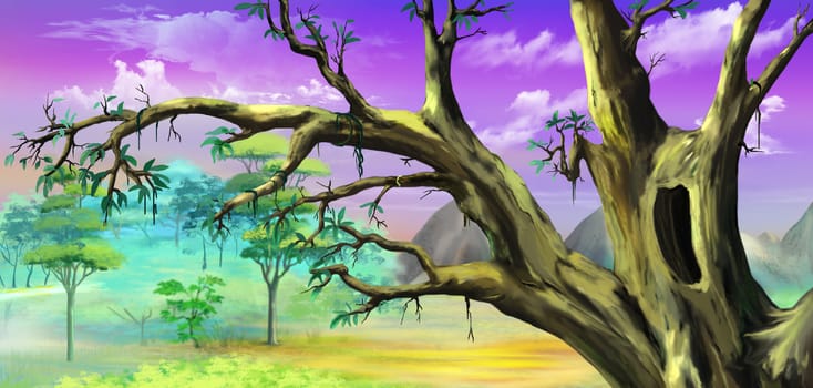 African Tree with Big Hollow against Purple Sky in a African national park. Digital Painting Background, Illustration in cartoon style character.