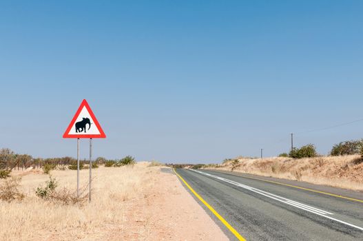 An elephant warning road sign on the C35-road north of Kamanjab in North-Western Namibia. The fence of the Etosha National Park is visible to the left