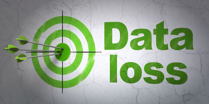 Success Information concept: arrows hitting the center of target, Green Data Loss on wall background, 3D rendering