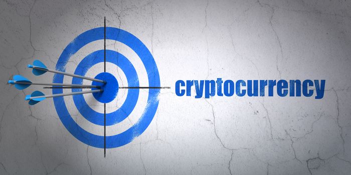 Success Data concept: arrows hitting the center of target, Blue Cryptocurrency on wall background, 3D rendering