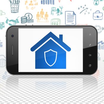 Business concept: Smartphone with  blue Home icon on display,  Hand Drawn Business Icons background, 3D rendering