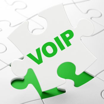 Web design concept: VOIP on White puzzle pieces background, 3D rendering