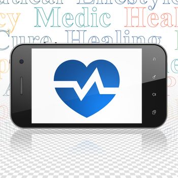Health concept: Smartphone with  blue Heart icon on display,  Tag Cloud background, 3D rendering