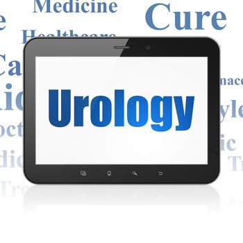 Healthcare concept: Tablet Computer with  blue text Urology on display,  Tag Cloud background, 3D rendering