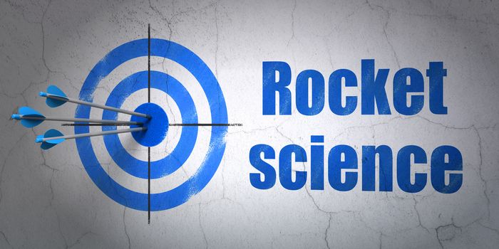 Success Science concept: arrows hitting the center of target, Blue Rocket Science on wall background, 3D rendering