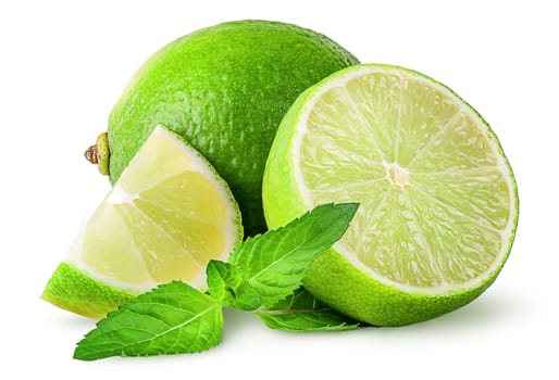 Whole and few pieces of lime with mint isolated on white background