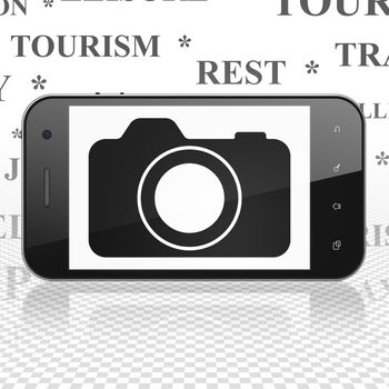 Travel concept: Smartphone with  black Photo Camera icon on display,  Tag Cloud background, 3D rendering