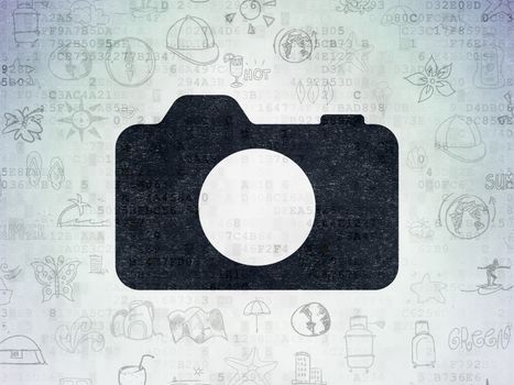 Travel concept: Painted black Photo Camera icon on Digital Data Paper background with  Hand Drawn Vacation Icons