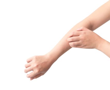 Woman hand scratching on white background for healthy concept