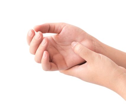 Woman hand holding her wrist on white background, health care and medical concept