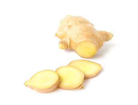 Fresh ginger slices on white background, herb and raw material cooking