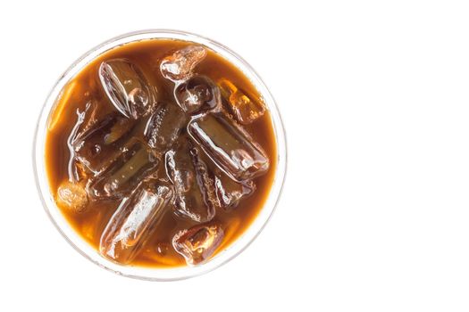 Closeup top view ice of americano coffee on white background