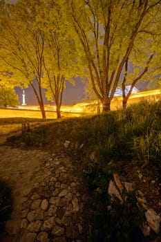 Belgrade fortress and Kalemegdan park with victor monument at night