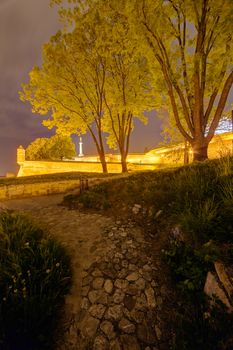 Belgrade medieval walls of fortress and park at night, Serbia