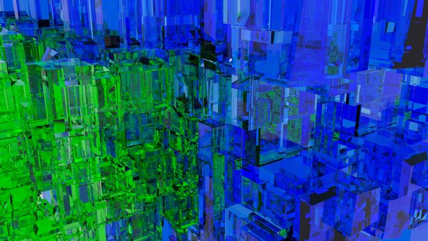 Abstract futuristic city with glass cubes. Blue and green color. 3d rendering