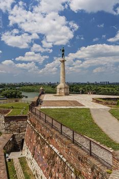 Belgrade medieval walls of fortress and victor monument in day time, Serbia