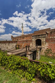 Belgrade medieval walls of fortress and victor monument in day time, Serbia