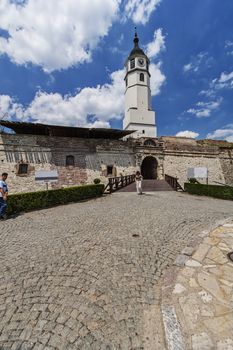 Belgrade medieval walls of fortress and old clock tower in day time, Serbia