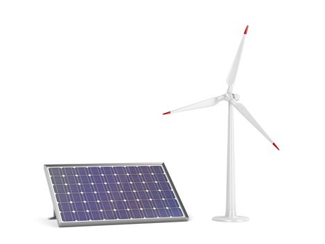 Solar panel and wind turbine on white background